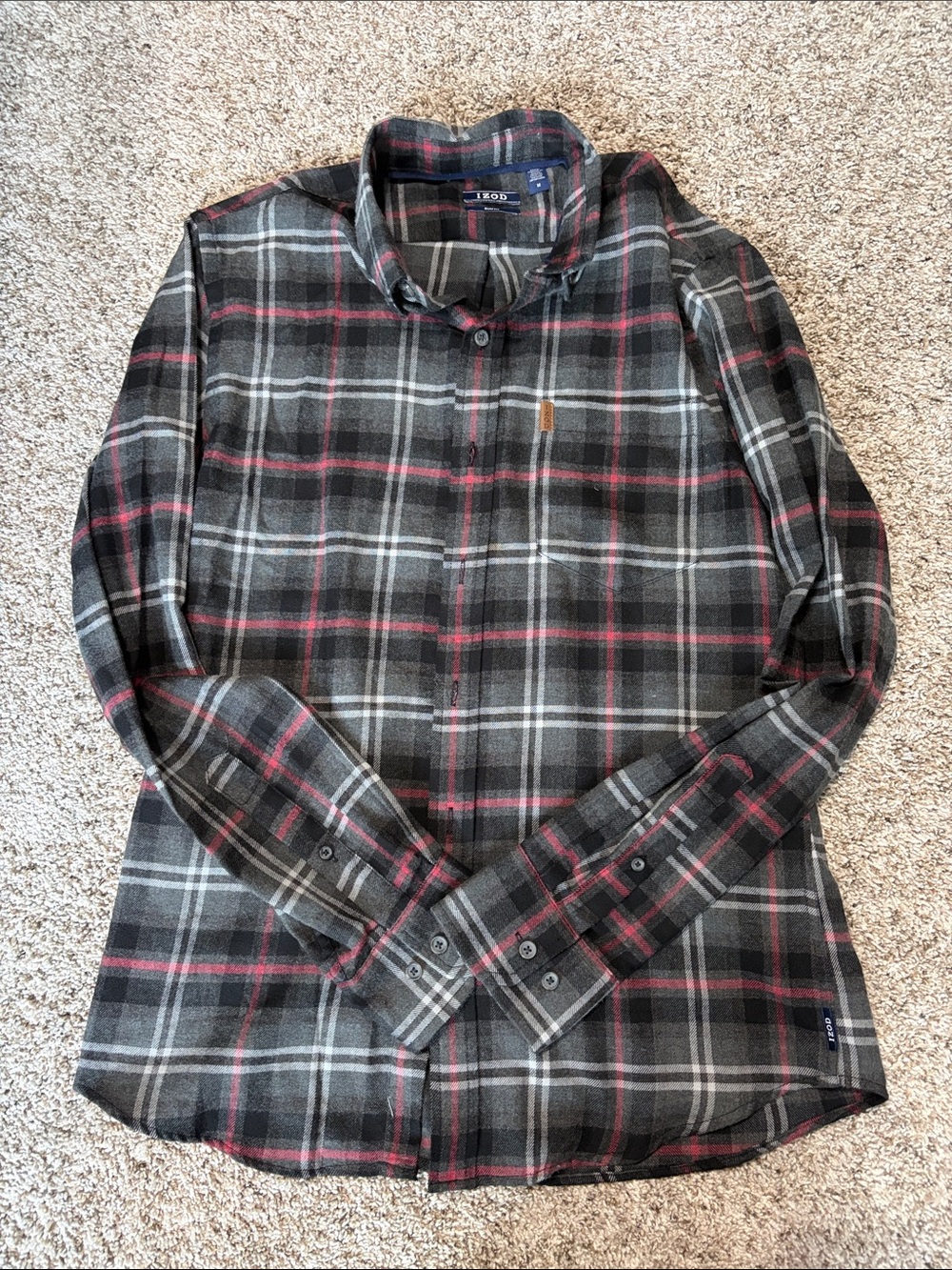 Izod Men’s Black, Gray and Red Plaid Button-Down Shirt
